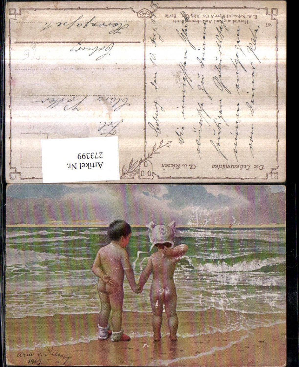 273399,Künstler AK Arm. v. Riesen Die Lebensmüden nackte Kinder von hinten Haube Meer Strand