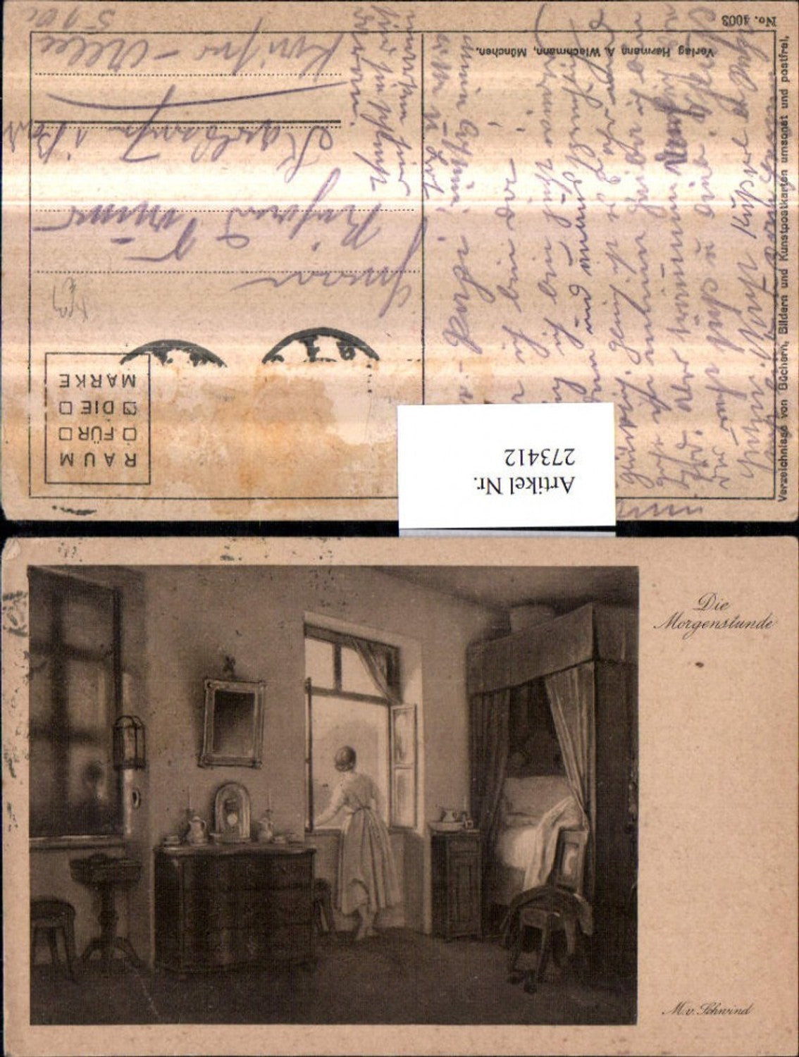 273412,Künstler AK M. v. Schwind Die Morgenstunde Frau m. Kleid blickt aus Fenster Zimmer Bett