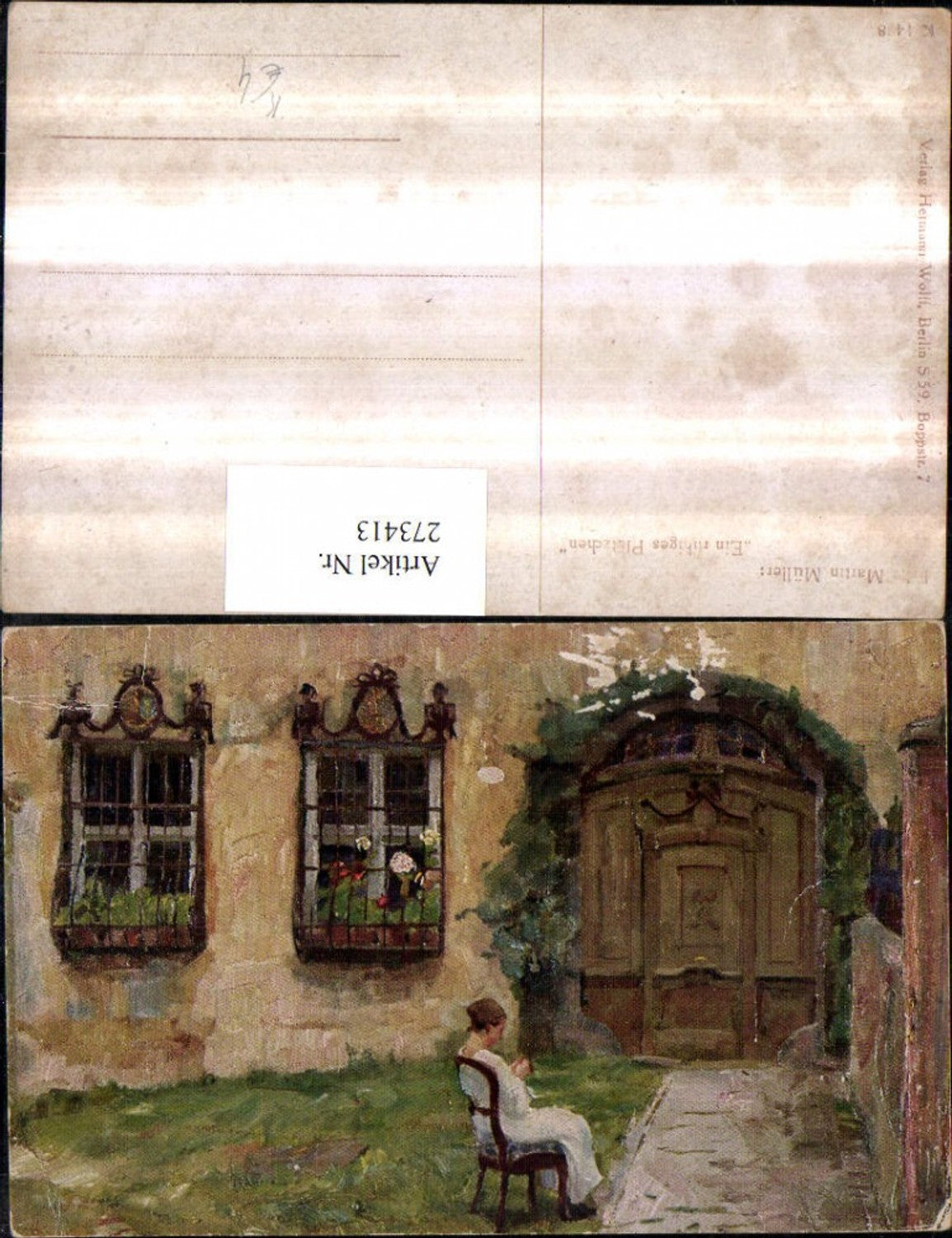 273413,Künstler AK Fritz Martin Müller Ein ruhiges Plätzchen Frau b. Stricken Stuhl Tür Fenster
