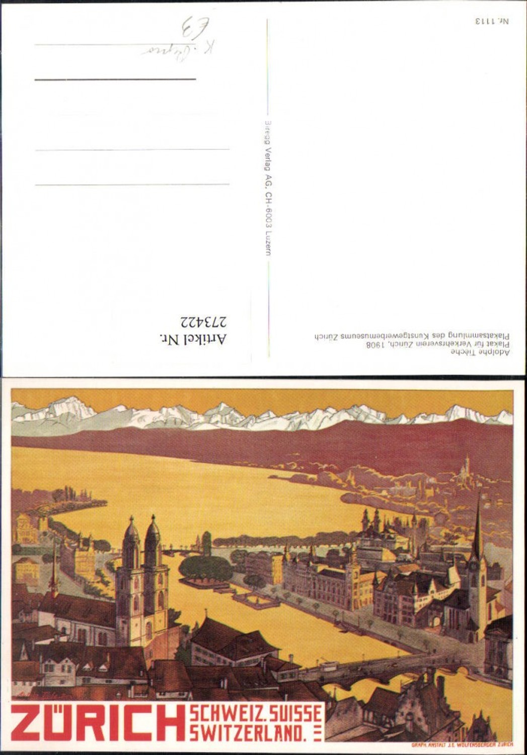 273422,Künstler AK Repro Adolphe Tieche Zürich Totale Kirche Brücke Bergkulisse