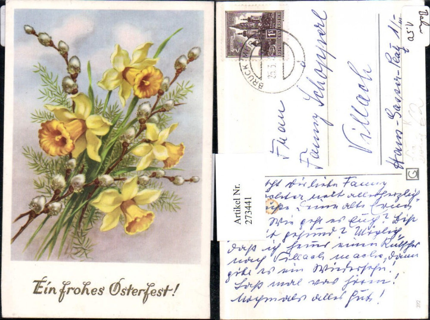 273441,Künstler AK Lia Döring Ostern Blumenstrauß Narzissen Palmkätzchen