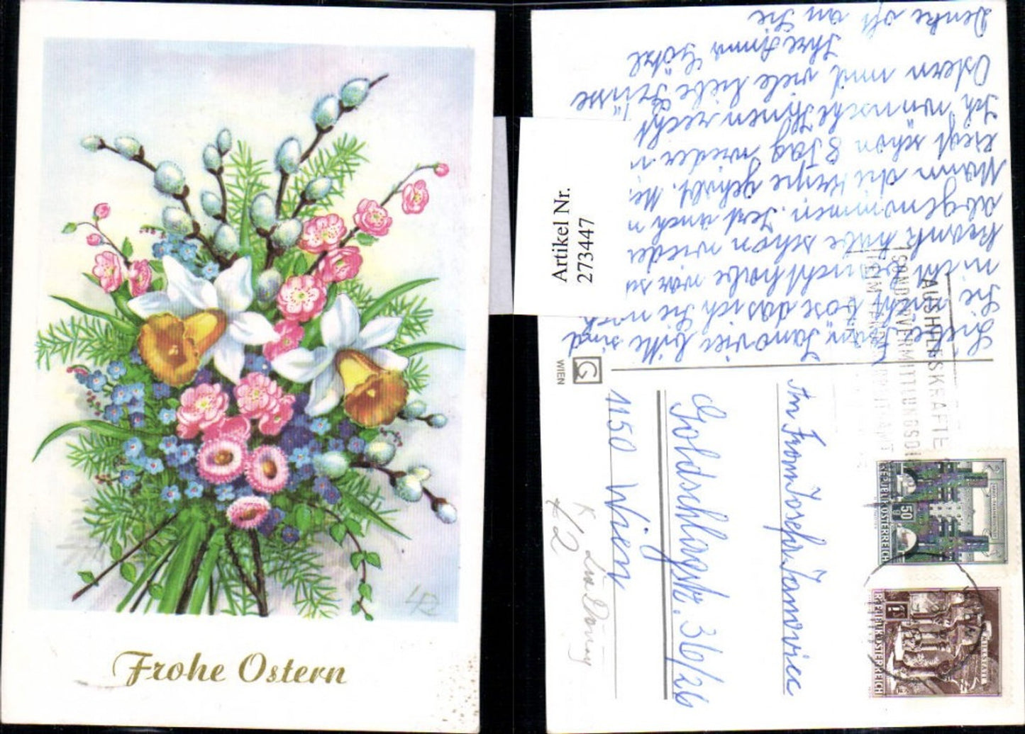 273447,Künstler AK Lia Döring Ostern Blumenstrauß Blumen Narzissen Vergissmeinnicht Palmkätzchen