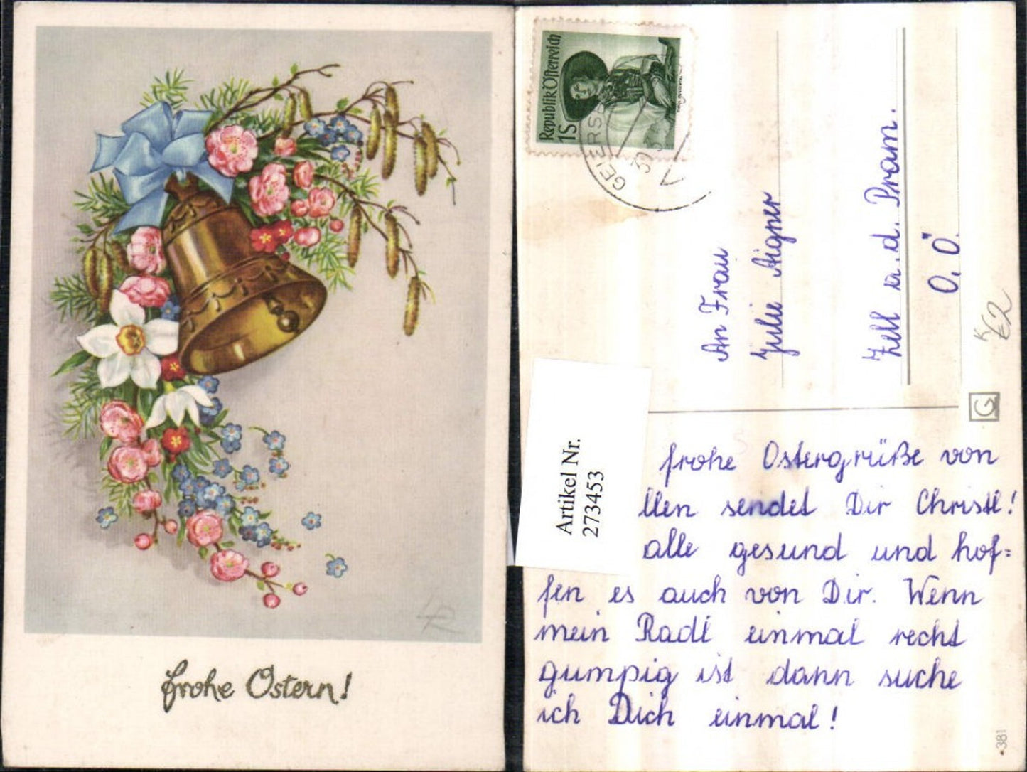 273453,Künstler AK Lia Döring Ostern Glocken Blumen Narzisse Vergissmeinnicht Schleife Birkenkätzchen