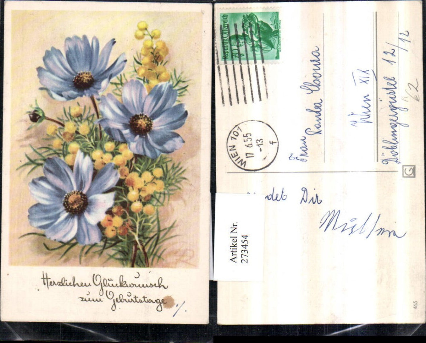 273454,Künstler AK Lia Döring Geburtstag Blumen blaue Mohnblumen