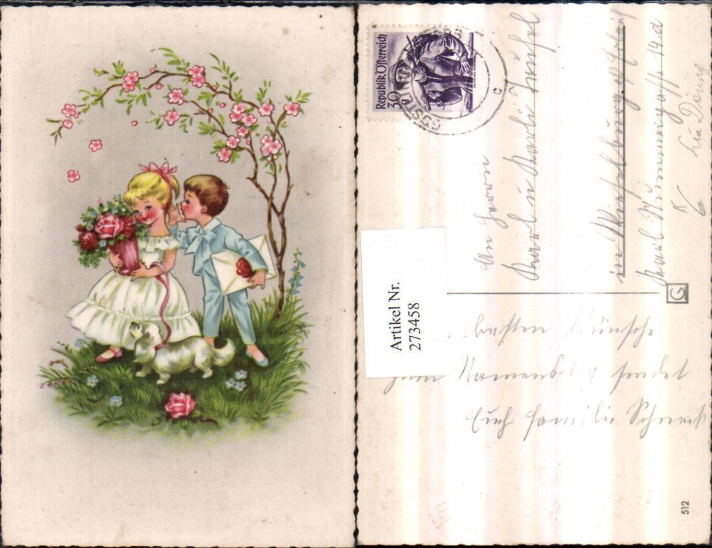 273458,Künstler AK Lia Döring Junge Bub m. Brief Mädchen m. Kleid Rosenstock Hund Blumen