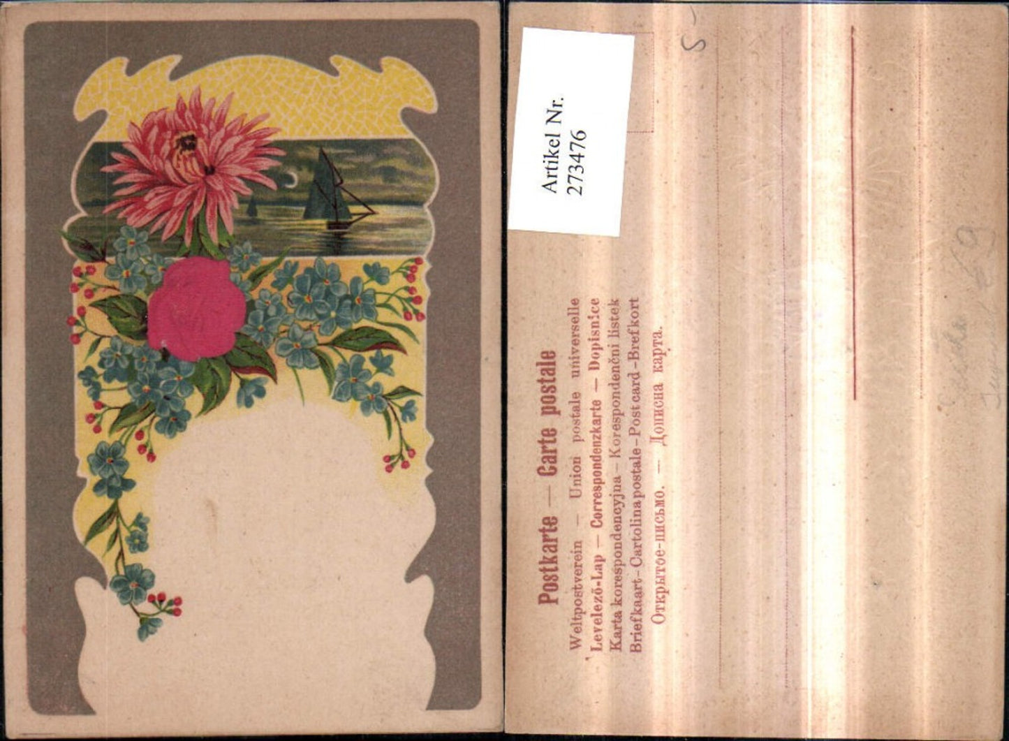 273476,Jugendstil Präge AK Segelboot Mondschein Passepartout Blumen Seidenrose Vergissmeinnicht