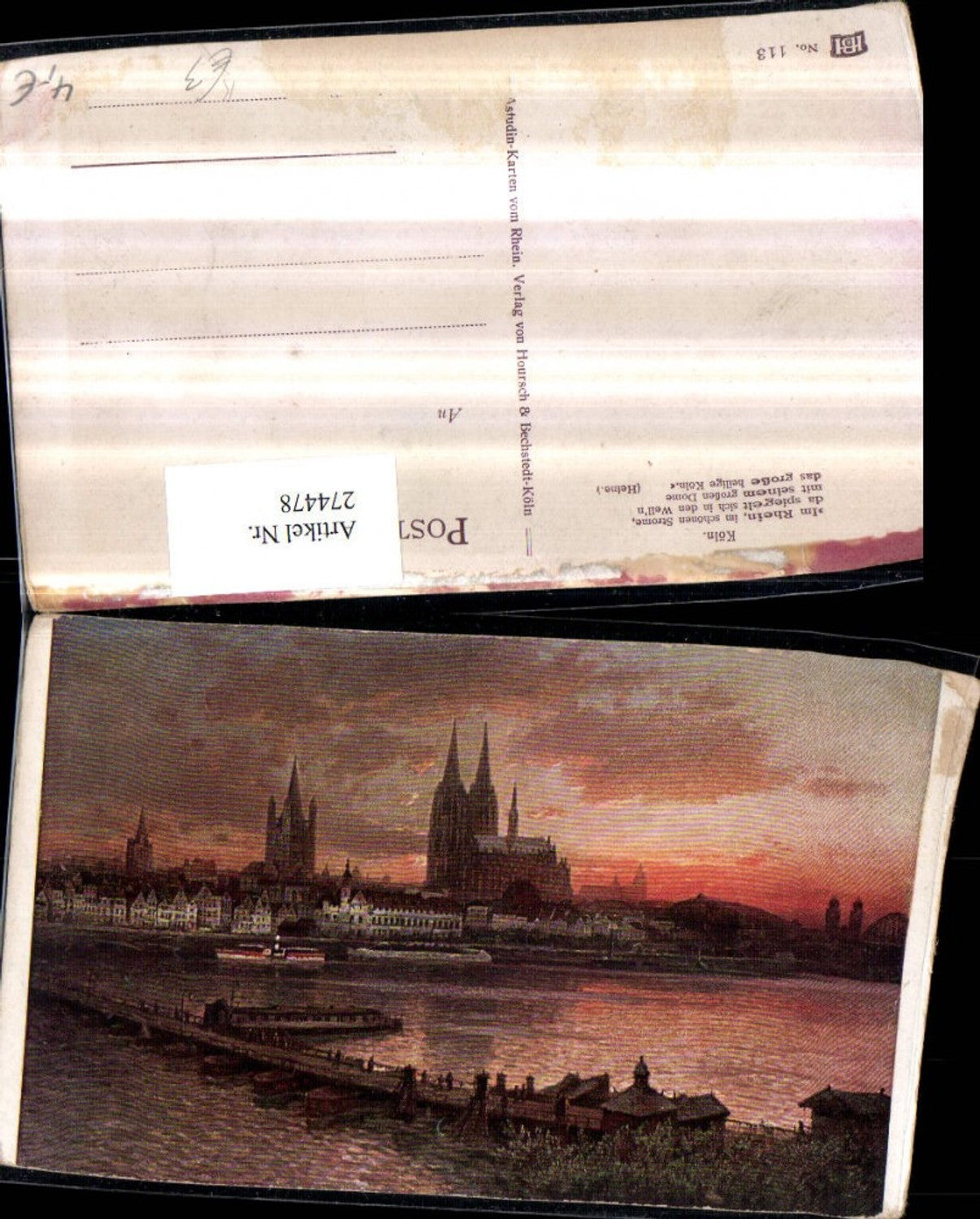 274478,Künstler AK Astudin Köln am Rhein Teilansicht Kirche Steg Boote