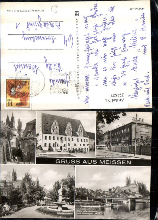 274827,Gruß aus Meißen Rathaus Brunnen Dom Albrechtsburg Brücke Dampfer Porzellanmanufaktur pub VEB