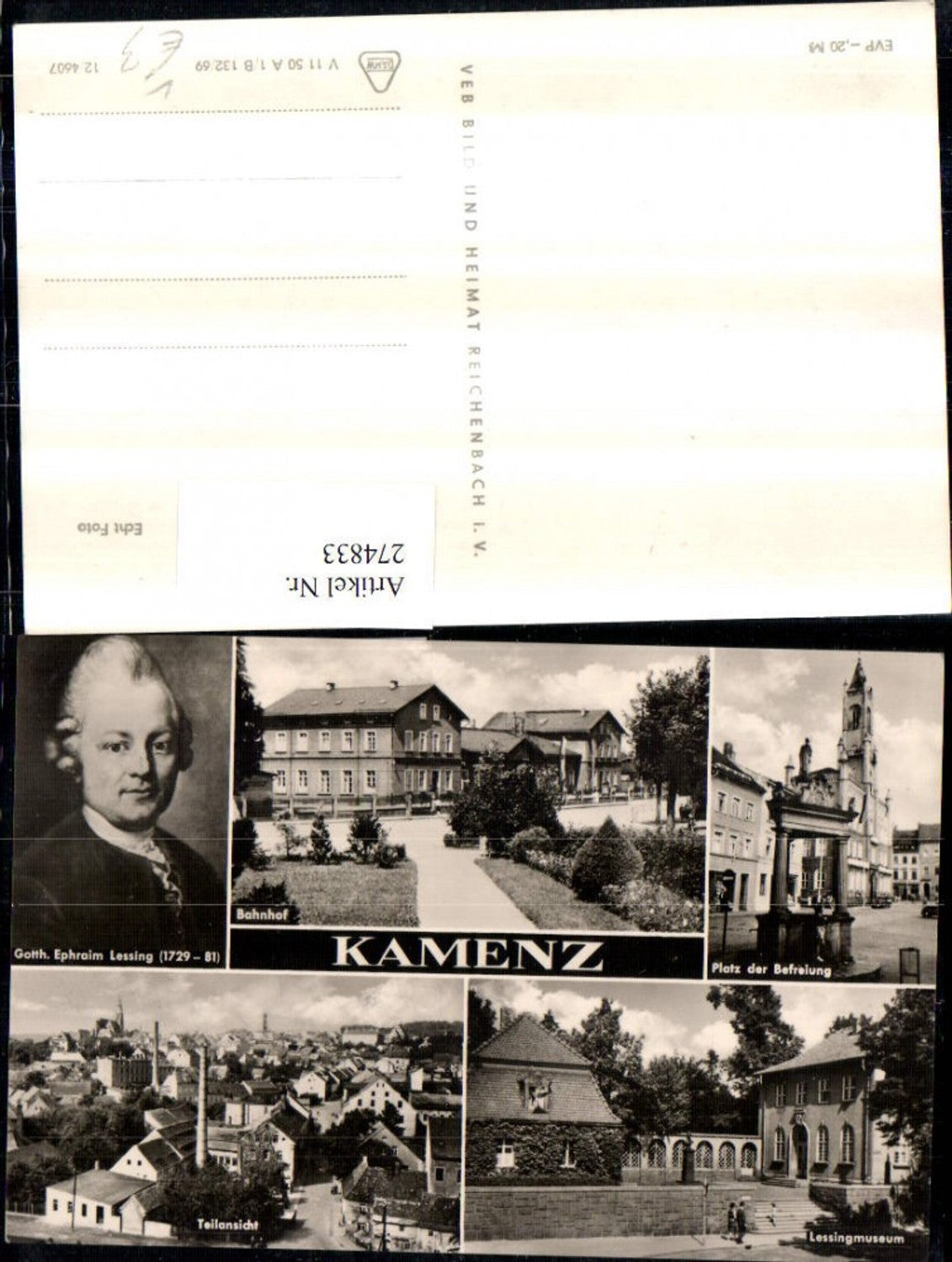 274833,Kamenz Totale Bahnhof Lessingmuseum Lessing Portrait Platz d. Befreiung Mehrbildkarte pub VEB