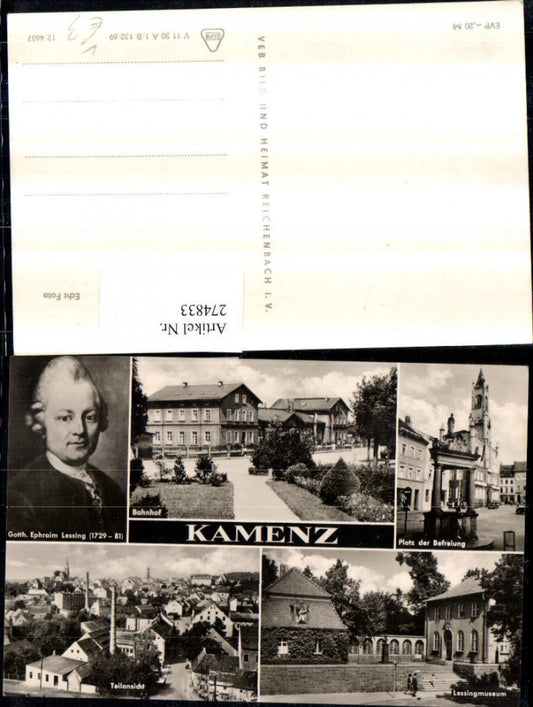 274833,Kamenz Totale Bahnhof Lessingmuseum Lessing Portrait Platz d. Befreiung Mehrbildkarte pub VEB