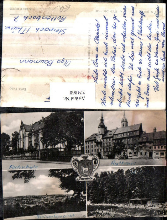 274860,Roßwein Totale Rathaus Fachschule Gebäude Freibad Mehrbildkarte
