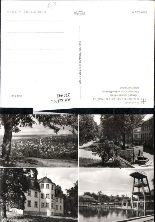 274942,Markneukirchen Totale Ernst-Thälmann-Platz Musikinstrumenten-Museum Schwimmbad Mehrbildkarte
