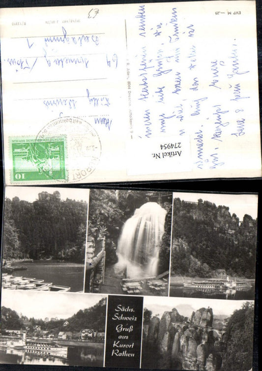 274954,Sächsische Schweiz Rathen Teilansicht Dampfer Wasserfall Basteibrücke Lokomotive Mehrbildkarte