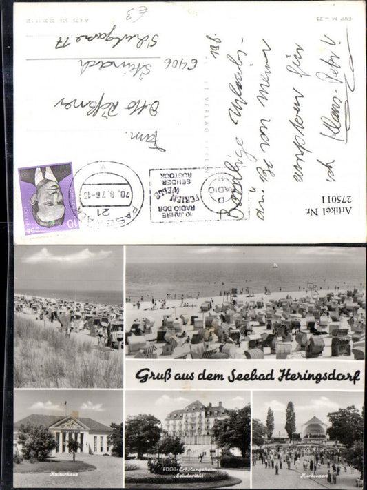 275011,Seebad Heringsdorf Strand Strandleben Strandkörbe Kulturhaus FDGB-Erholungsheim Kurkonzert Mehrbildkarte