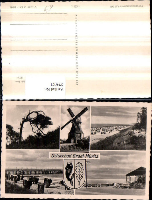 275071,Ostseebad Graal-Müritz Strand Strandkörbe Windmühle Mehrbildkarte pub VEB 1/3037