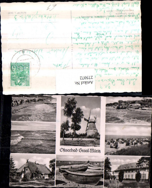 275072,Ostseebad Graal-Müritz Strand Strandkörbe Ruderboote Boote Windmühle Mehrbildkarte