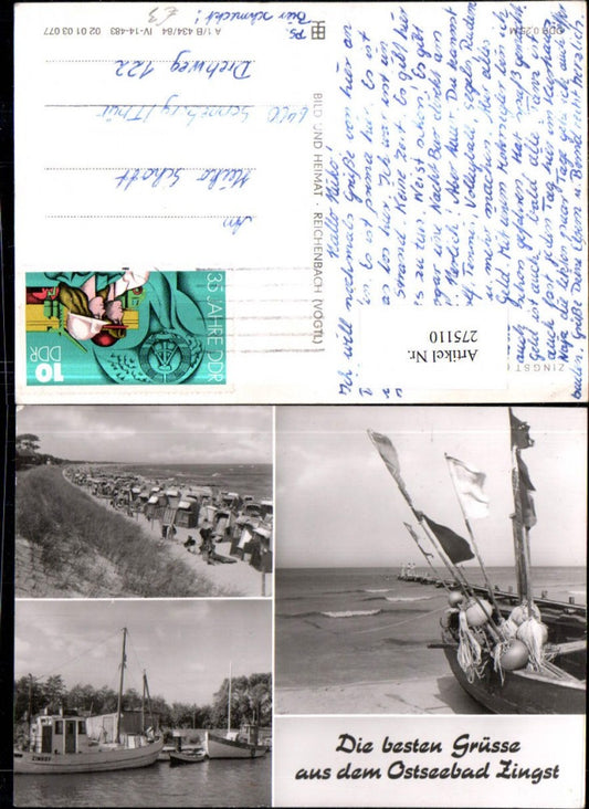 275110,Ostseebad Zingst Strand Strandleben Strandkörbe Boot Steg Mehrbildkarte