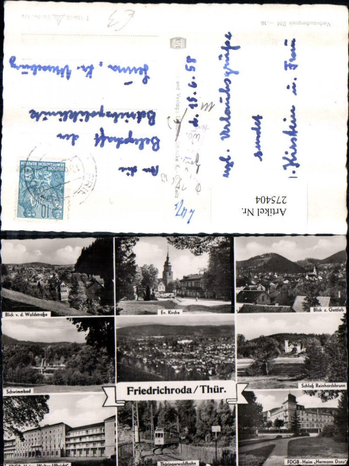 275404, Friedrichroda: Overview of the Protestant Church, Castle, FDGB Home, Forest Railway, Swimming Pool, Multi-view map