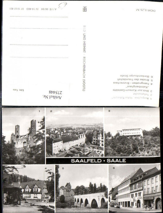 275448, Saalfeld an der Saale, Total castle ruins, Kulmberghaus restaurant, Fairy Grotto, Bridge, Multi-view postcard