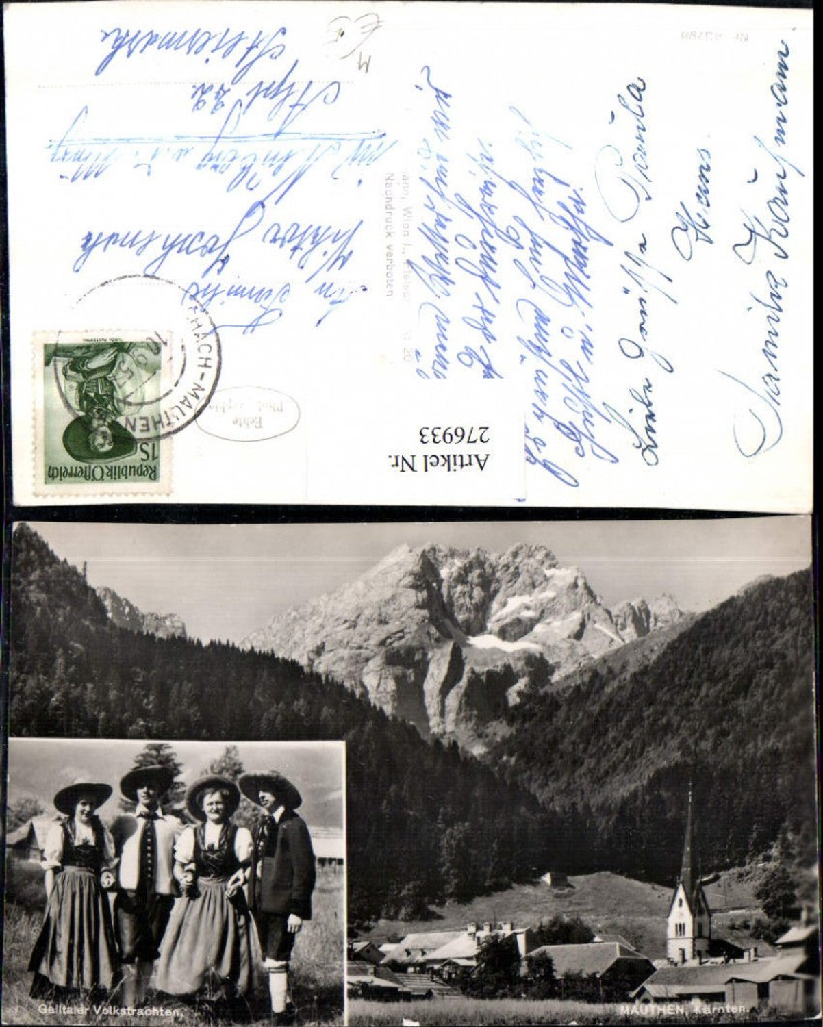 276933,Mauthen Teilansicht Kirchenturm Bergkulisse Gailtaler Volkstrachten Tracht Mehrbildkarte