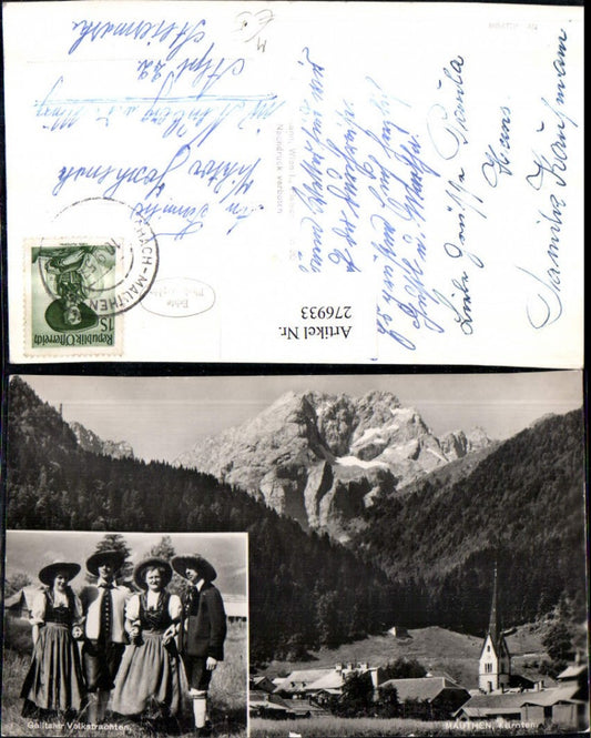 276933,Mauthen Teilansicht Kirchenturm Bergkulisse Gailtaler Volkstrachten Tracht Mehrbildkarte