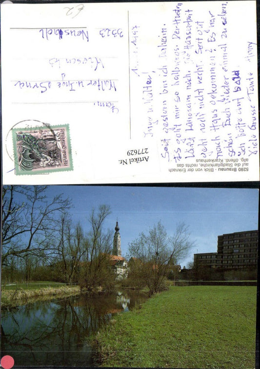 277629,Braunau Blick von d. Enknach auf d. Stadtpfarrkirche Kirche u. Krankenhaus