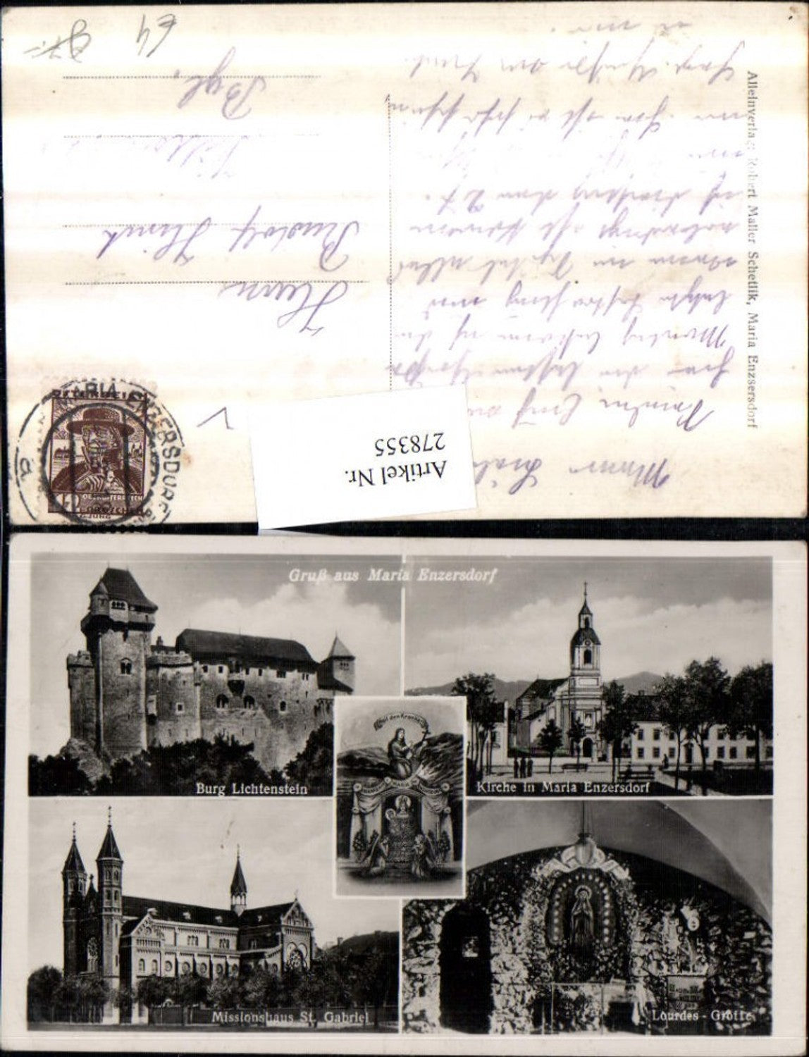 278355,Maria Enzersdorf Kirche Burg Liechtenstein Lourdes-Grotte Missionshaus Mehrbildkarte