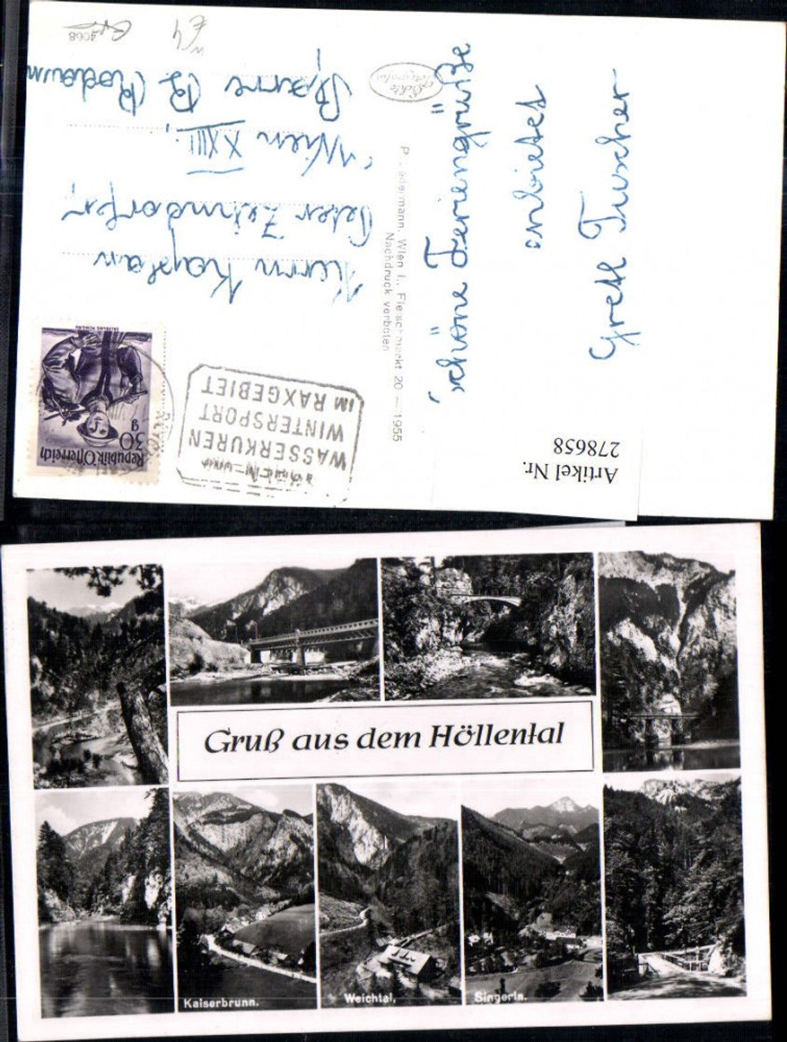 278658,Gruß aus d. Höllental b. Schwarzau Brücke Bergkulisse Kaiserbrunn Weichtal Singerin Mehrbildkarte