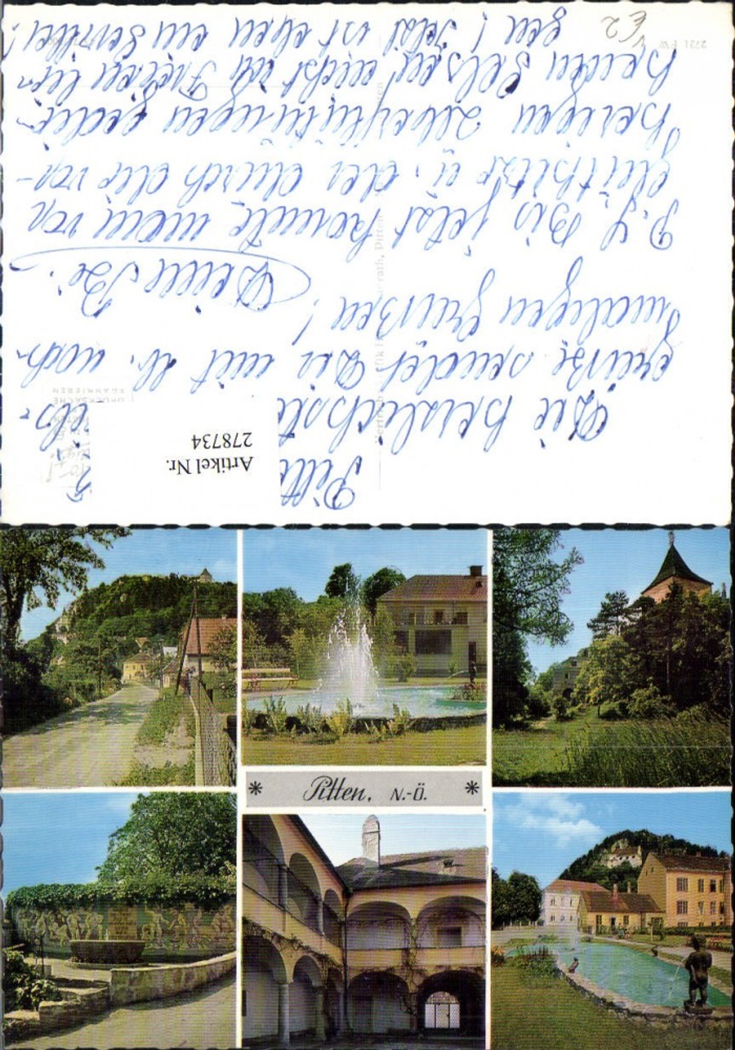 278734,Pitten Schloss Hof Arkaden Teich Straßenansicht Springbrunnen Brunnen Mehrbildkarte pub Trafik Hans Kleinrath