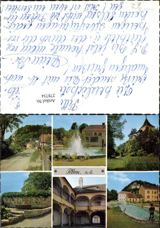 278734,Pitten Schloss Hof Arkaden Teich Straßenansicht Springbrunnen Brunnen Mehrbildkarte pub Trafik Hans Kleinrath