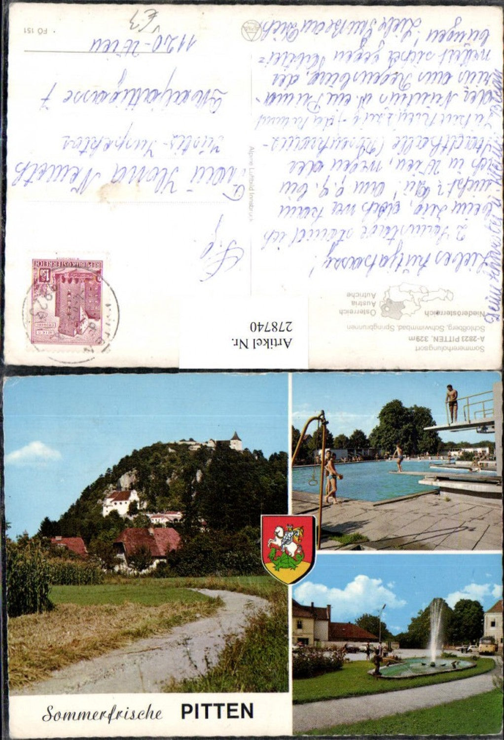 278740,Pitten Schlossberg Schwimmbad Springbrunnen Mehrbildkarte pub Alpine Luftbild 151