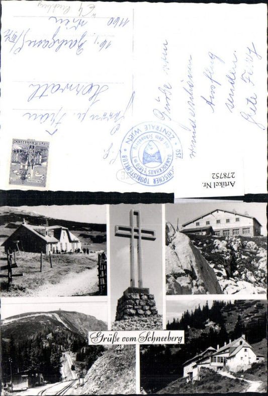 278752,Gruß vom Schneeberg b. Puchberg Kreuz Berghütten Bergbahn Mehrbildkarte