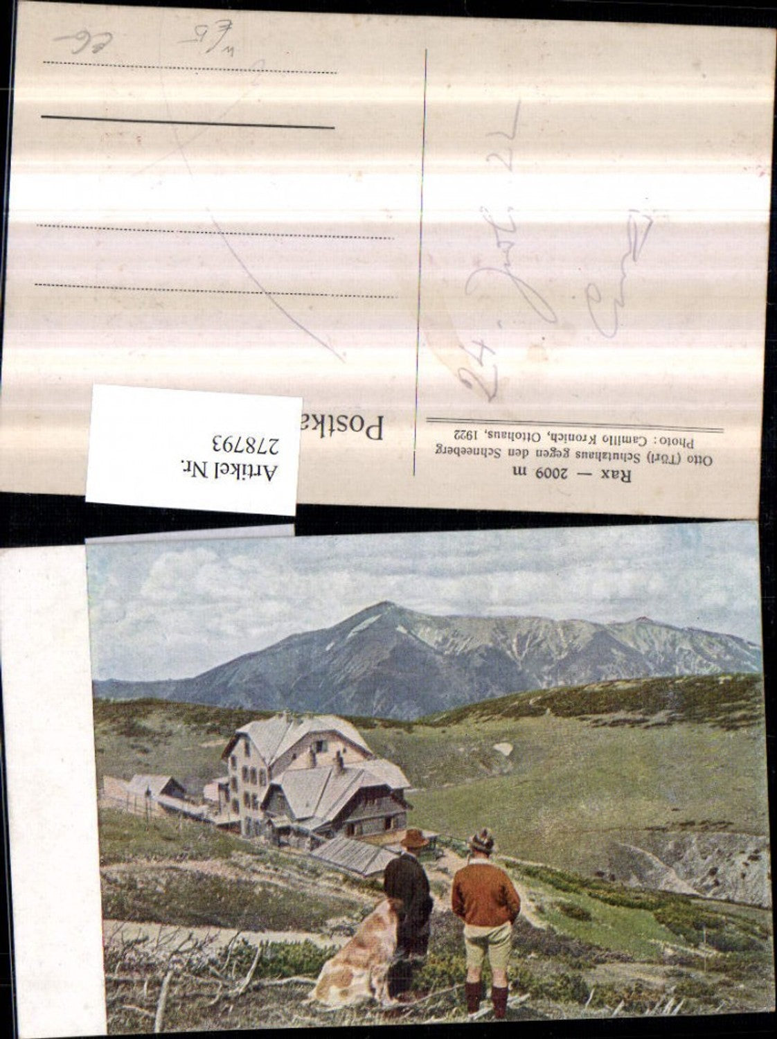 278793,Rax Otto Törl Schutzhaus geg. Schneeberg b. Reichenau Männer m. Hüten Hund