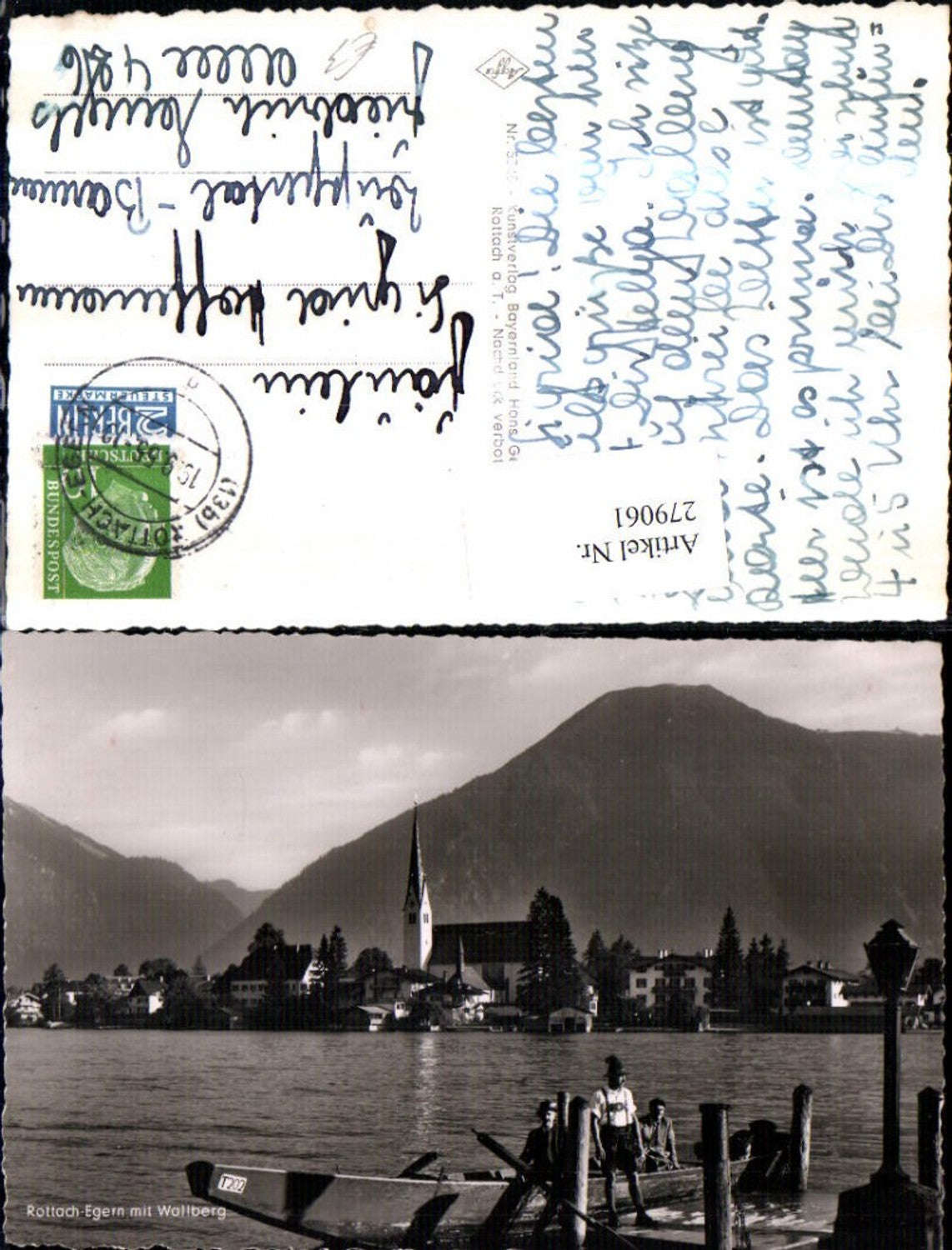 279061,Rottach-Egern Totale Kirche m. Wallberg Bergkulisse Ruderboot Boot Tracht