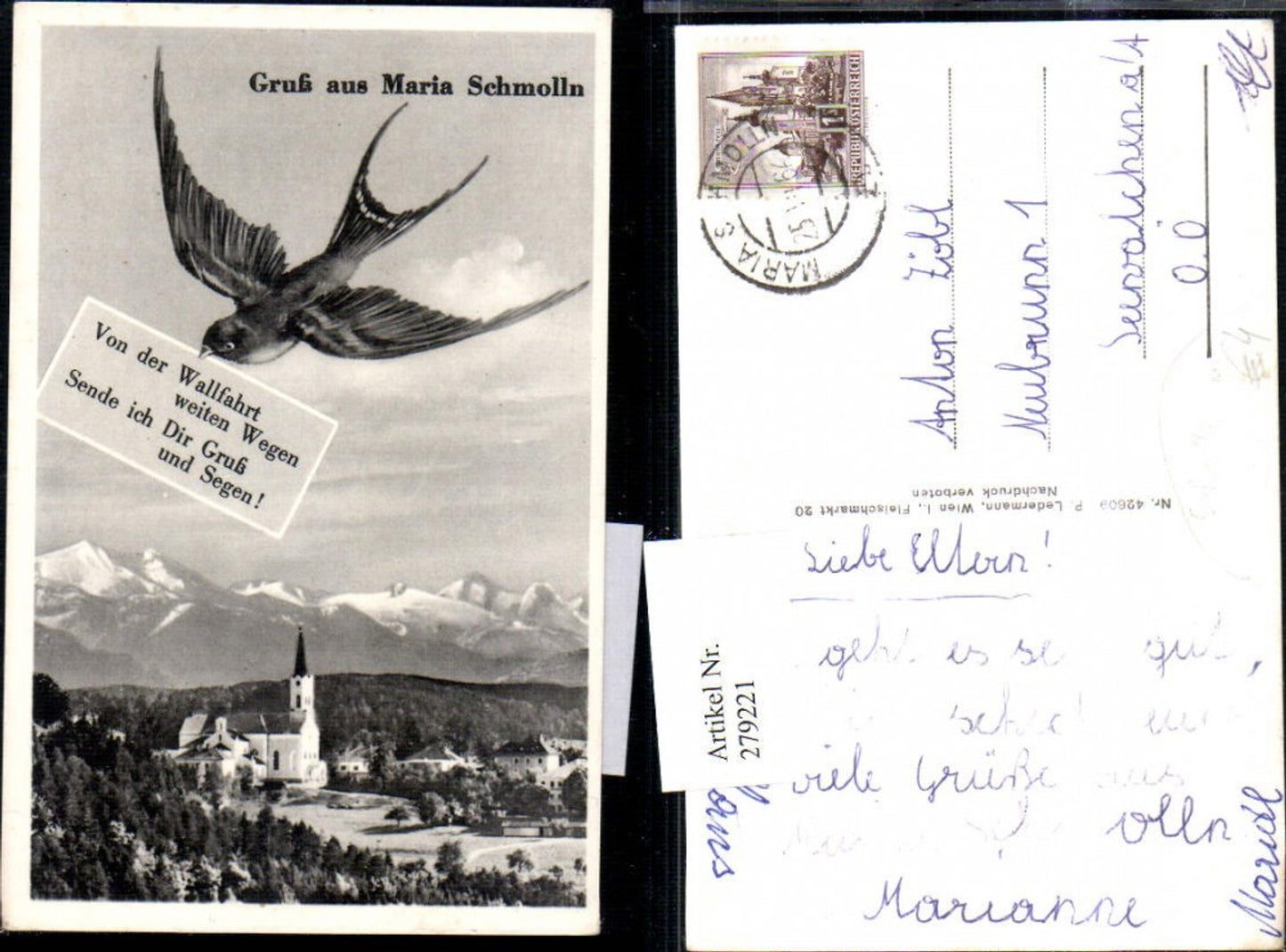 279221,Gruß aus Maria Schmolln Kirche Bergkulisse Schwalbe Text Spruch