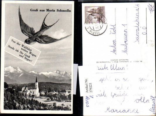 279221,Gruß aus Maria Schmolln Kirche Bergkulisse Schwalbe Text Spruch