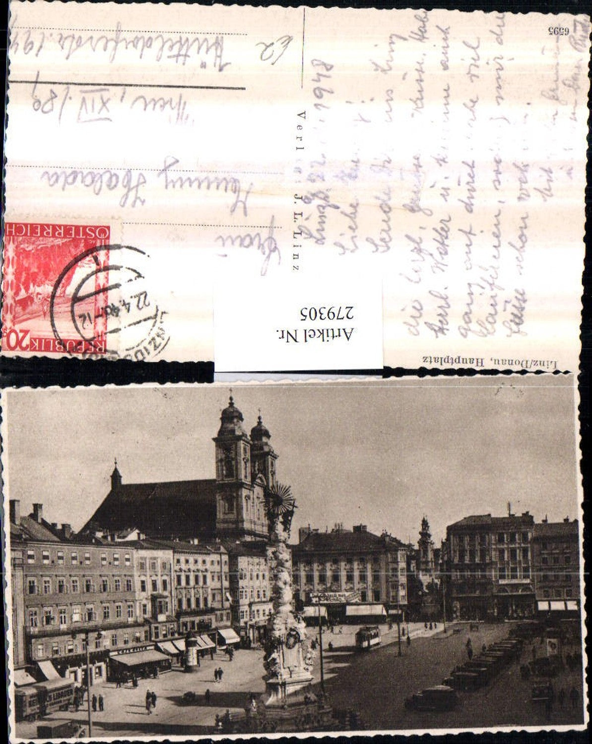 279305,Linz an d. Donau Hauptplatz Platz Pestsäule Kirche Geschäfte