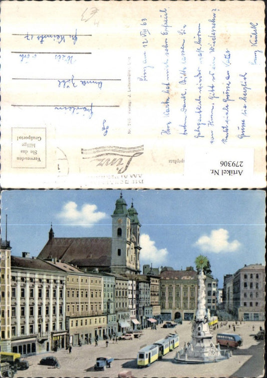 279306,Linz an d. Donau Hauptplatz Platz Pestsäule Straßenbahn Kirche