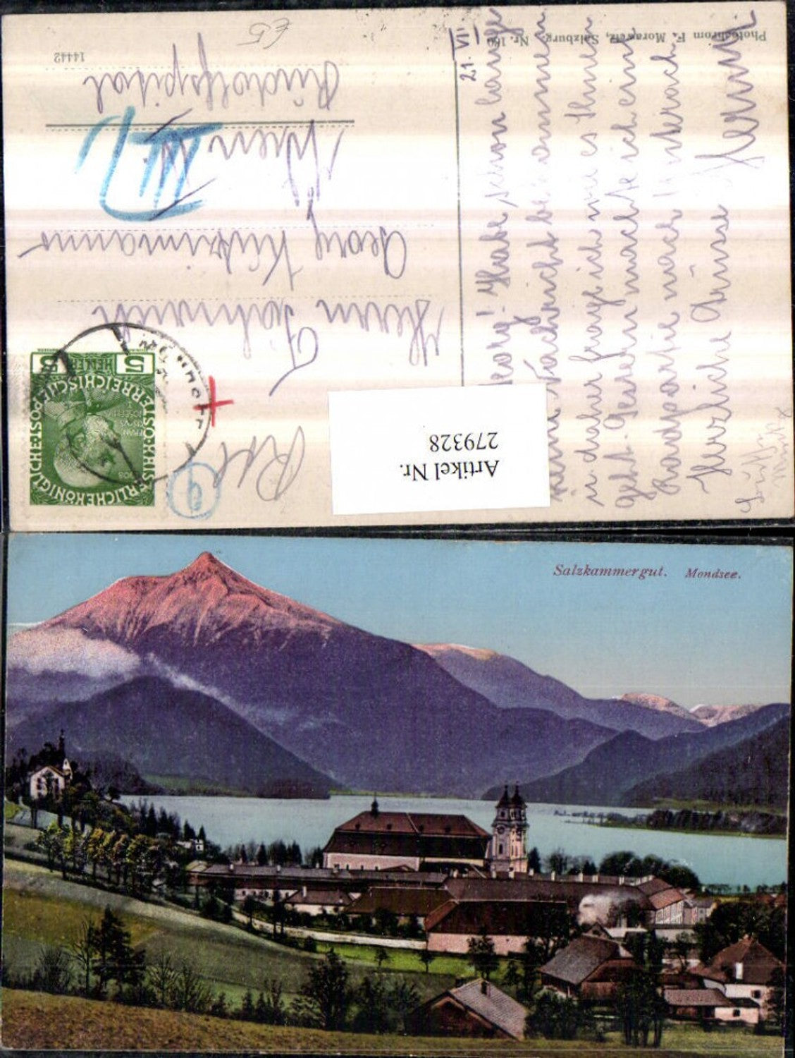 279328,Mondsee Teilansicht Kirche Bergkulisse