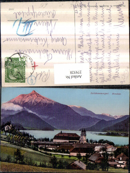279328,Mondsee Teilansicht Kirche Bergkulisse