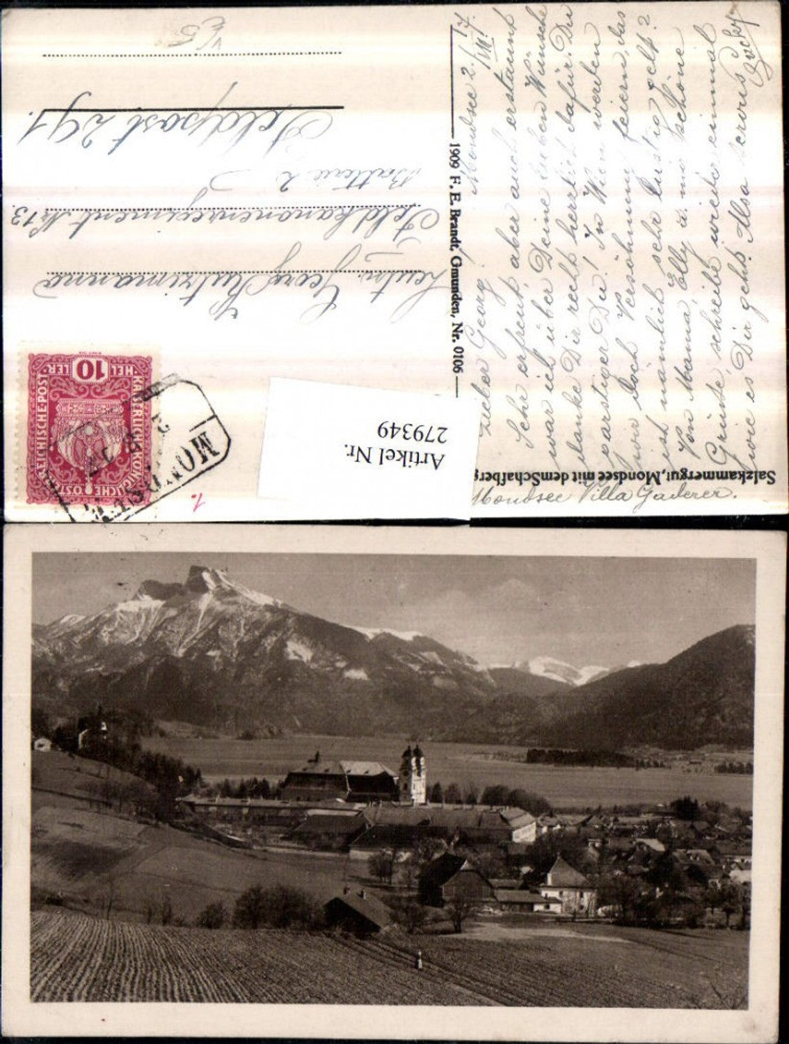 279349,Mondsee Totale m. d. Schafberg Bergkulisse pub F. E. Brandt 0106