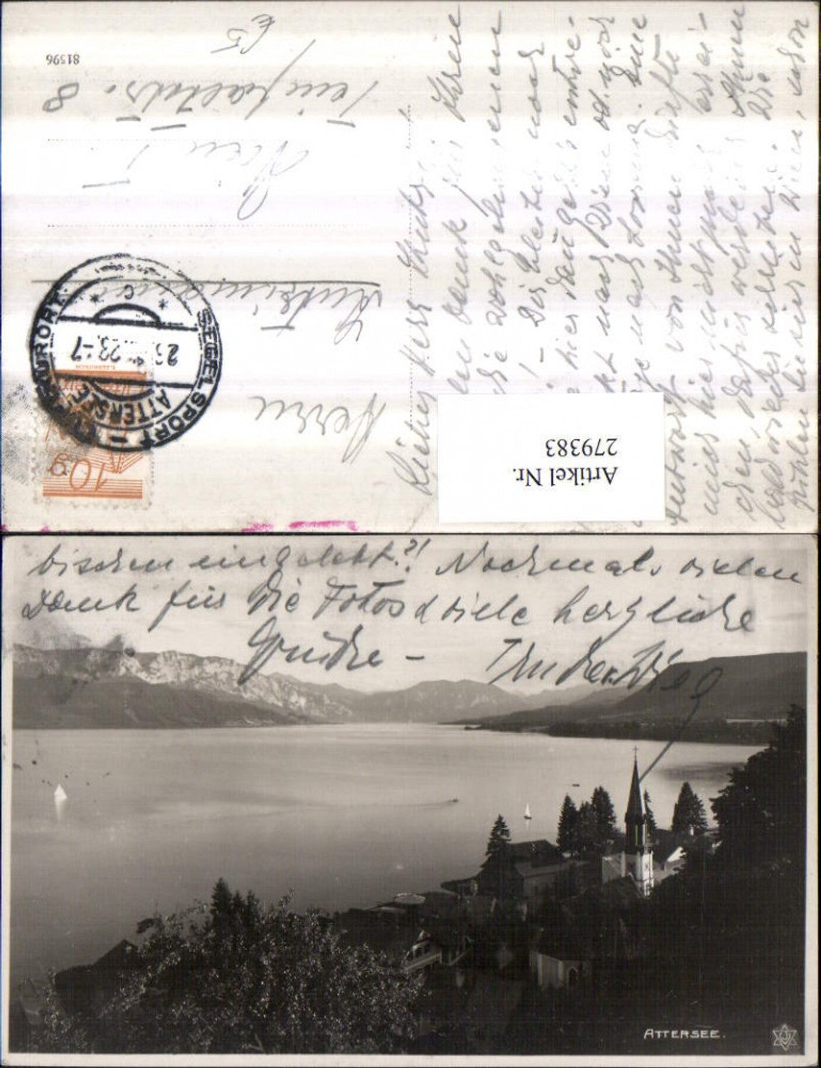 279383,Attersee Teilansicht Kirche Bergkulisse