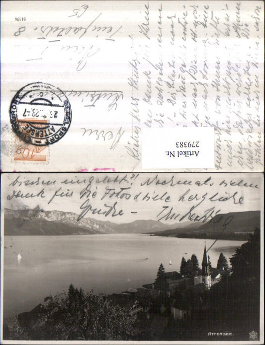 279383,Attersee Teilansicht Kirche Bergkulisse