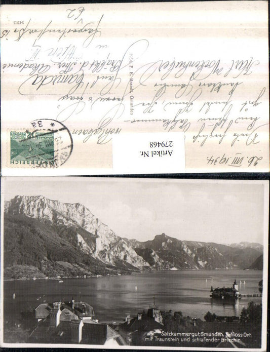 279468,Gmunden Schloss Orth m. Traunstein u. Schlafender Griechin Bergkulisse pub F. E. Brandt