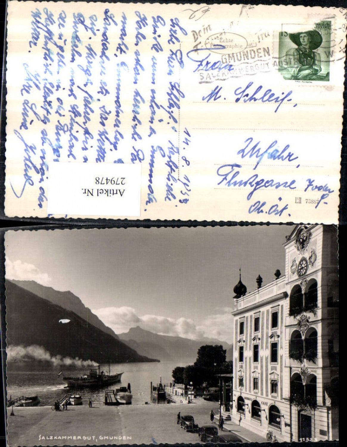 279478,Gmunden Landungsplatz Dampfer Boote Rathaus Cafe Bergkulisse