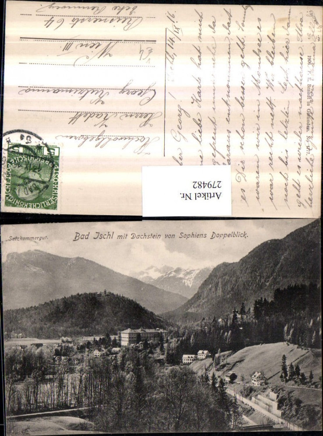 279482,Bad Ischl Teilansicht m. Dachstein von Sophiens Doppelblick Bergkulisse pub F. E. Brandt 1777