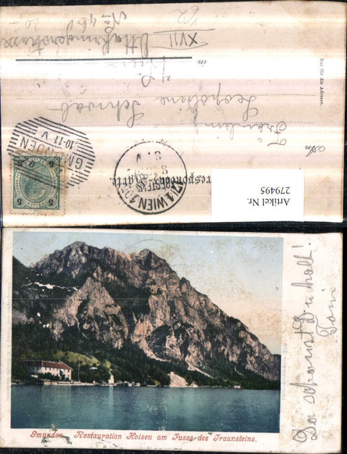 279495,Gmunden Restauration Hoisen am Fuße des Traunsteins Bergkulisse pub F. E. Brandt 356