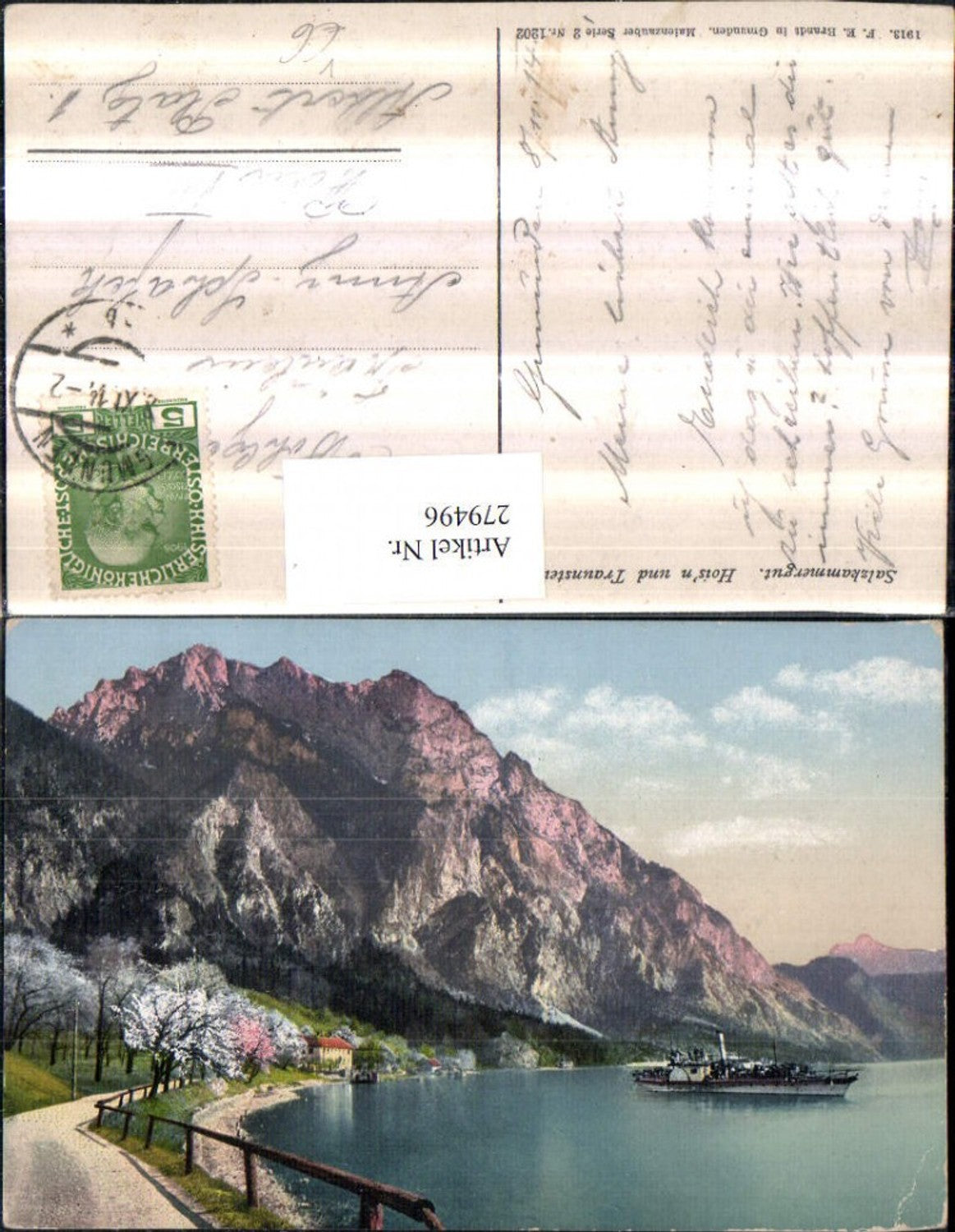 279496,Hoisns Restauration u. Traunstein Bergkulisse b. Gmunden Dampfer pub F. E. Brandt 1202