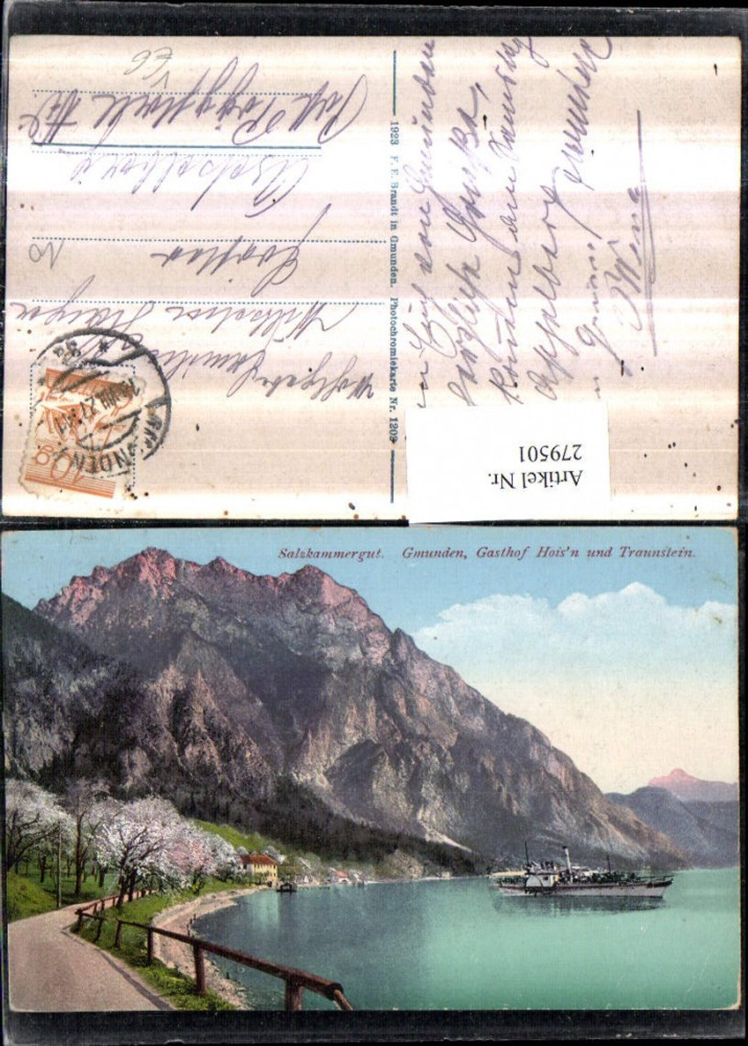 279501,Gmunden Gasthof Hoisn u. Traunstein Bergkulisse Dampfer pub F. E. Brandt 1202