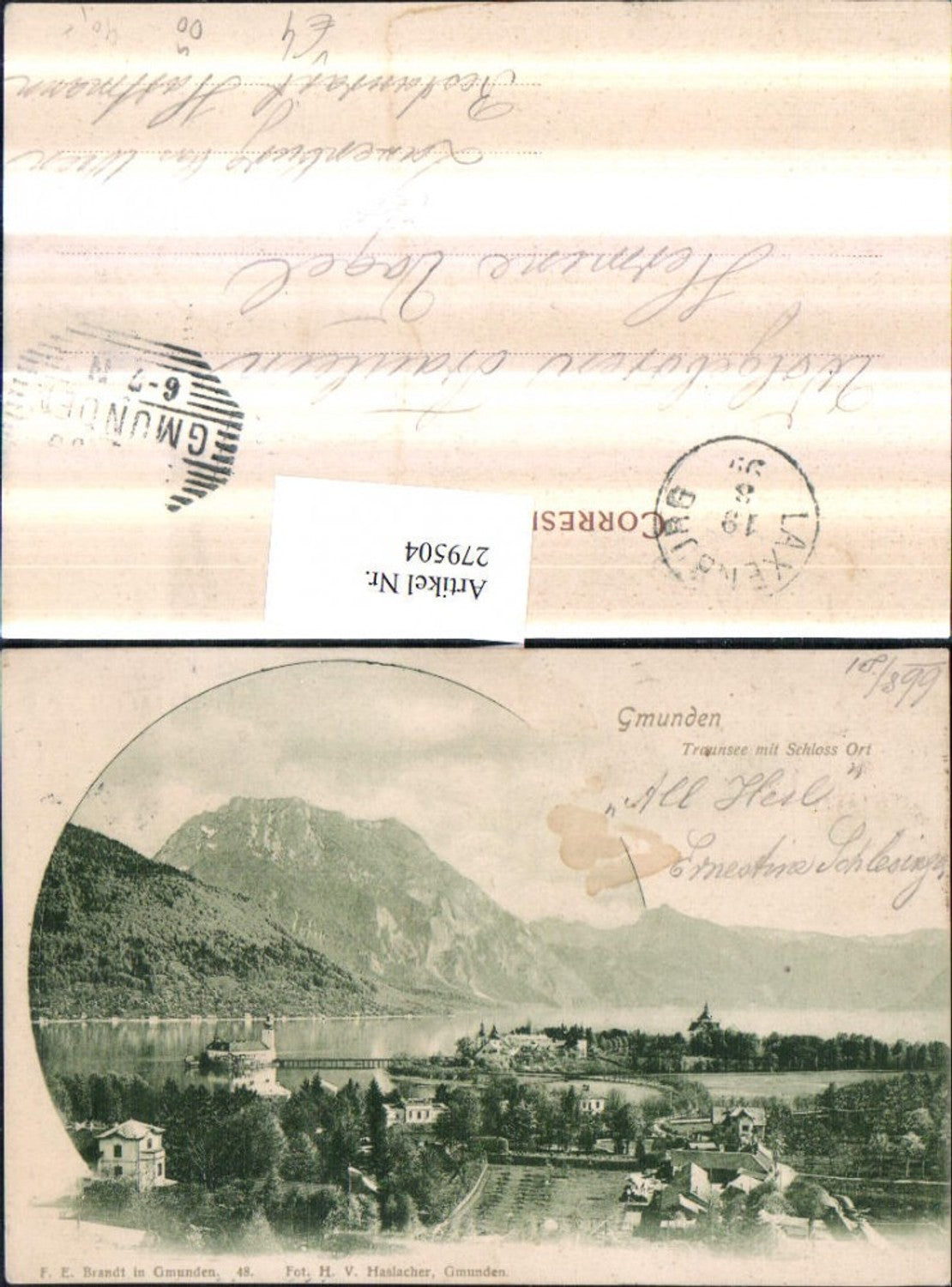 279504,Gmunden Teilansicht m. Schloss Orth u. Traunsee Bergkulisse pub F. E. Brandt 48